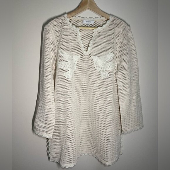 NEW Sea New York Sally Crochet Mini Dress Cover Up Beige Tan | XS - Picture 6 of 10